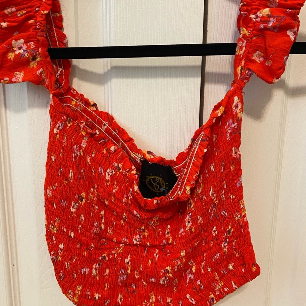Planet Blue smocked off the shoulder orange top